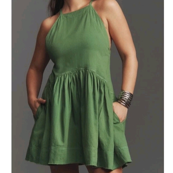 Pilcro Dresses & Skirts - Pilcro Anthropologie Kayla Flounce Green Denim Drop Waist Mini Dress Sz M